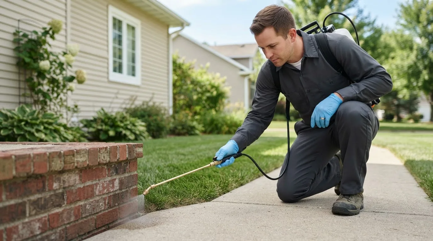 Pest control technician treating a home near Dawn, MO
