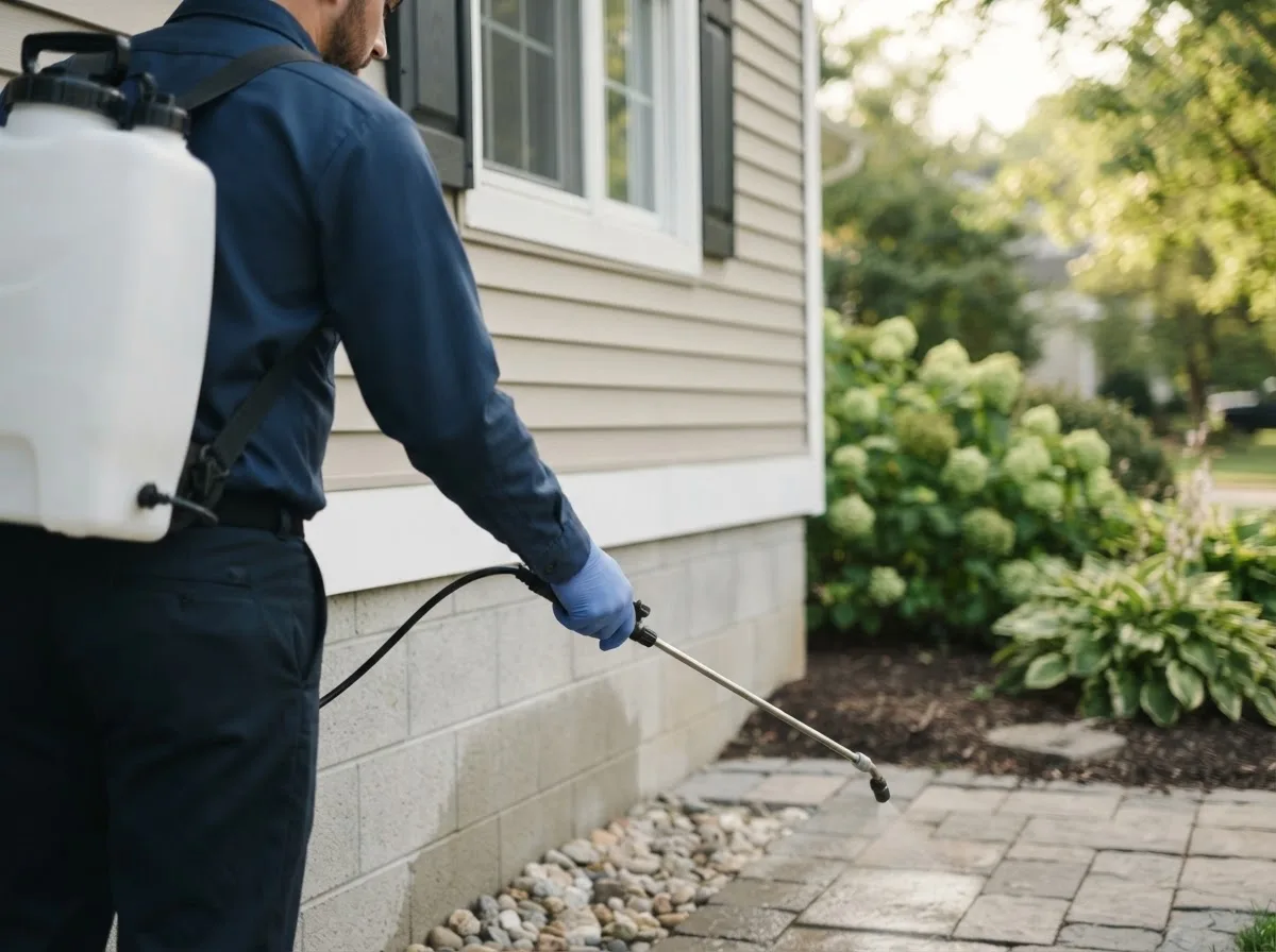 Pest control technician inspecting a home in Dawn, MO